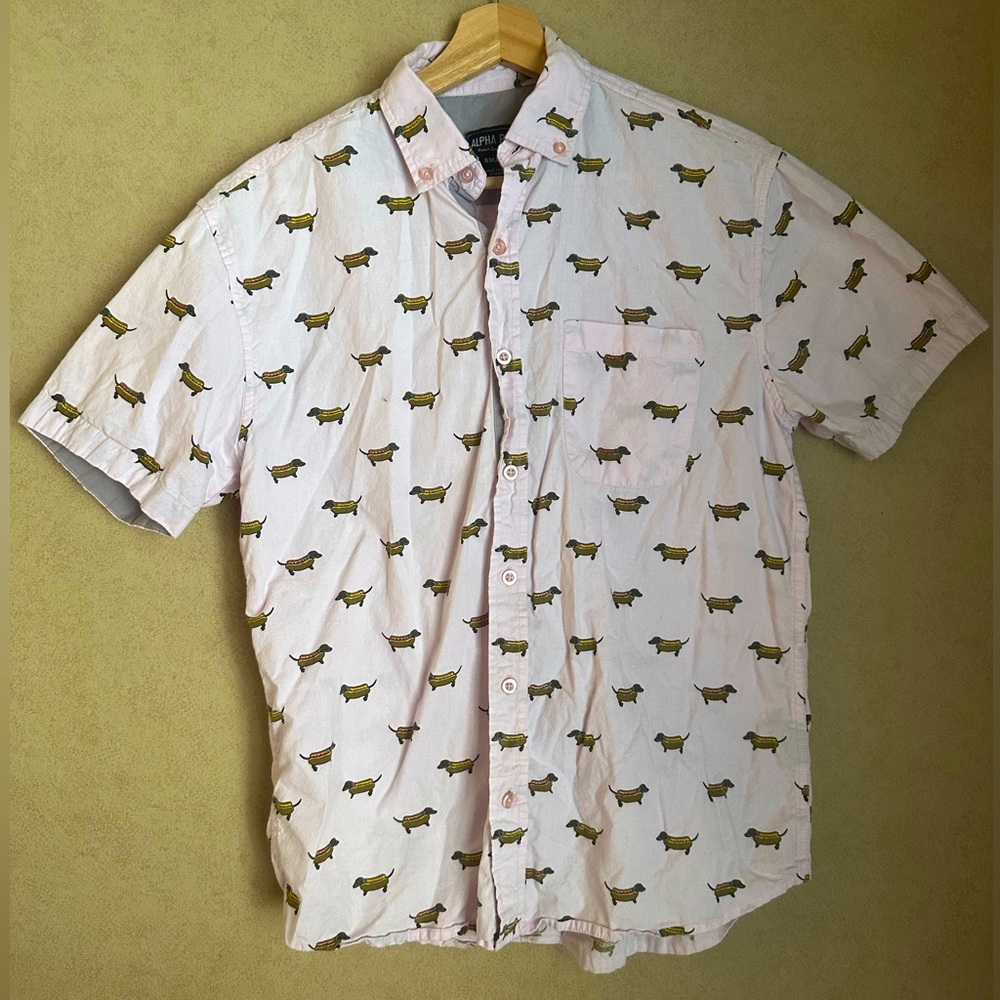 Alpha Beta Men’s Casual Button Down Dachshund Hot Dog Shirt Size Small